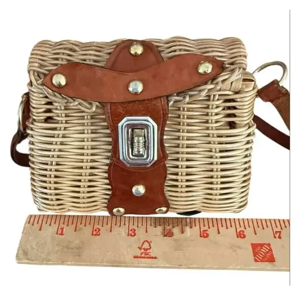 Vintage Wicker Purse Mini Summer Leather Strap Flip Top Twist Lock - Picture 11 of 16
